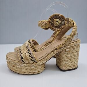 Sam Edelman Iliana Sandal Womens 8 Raffia Natural Woven Chunky Platform Heel